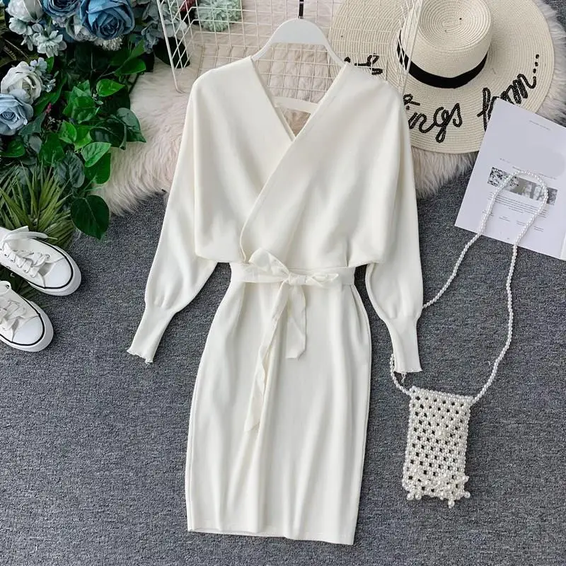 

Autumn Winter V-Neck Knitted Sweater Dress Pencil Slim Backless Batwing Sleeve Dress Solid Belt Lace Up Knee Length Dress