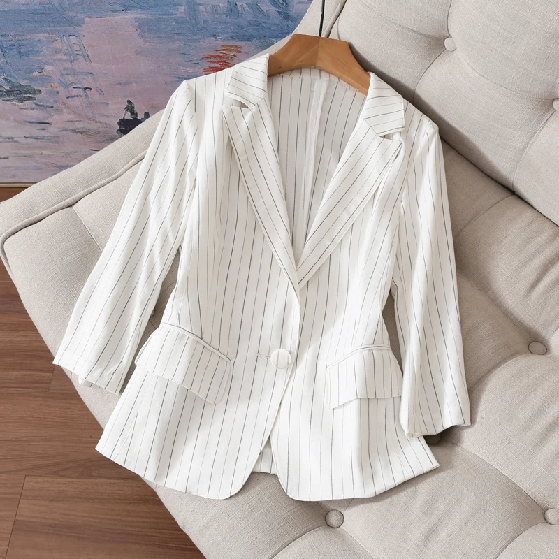 

Women's Suit New Versatile Smooth Thin Section Tencel Linen Vertical Stripes Slim Casual Vintage Elegant White Jacket Female