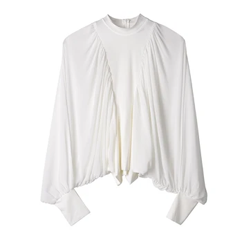 

[LANMREM] 2020 New Spring Summer pullover t-shirt for women loose batwing Long Sleeve vintage chiffon sexy tops women YH82500