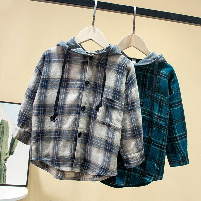 

2019 BOY'S Casual Western Style Autumn Long-sleeved Cardigan Korean-style Children New Style Plaid Hooded Shirt Fashion Children