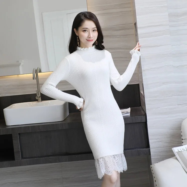 

Women Knitted Winter Dress Lady Sexy White Black Gray Pink Ruffles Neck Midi Bodycon Sweater Dress with Lace Thick Warm Dresses
