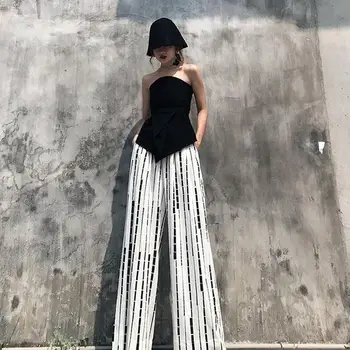 

2020 Women Spring Autumn White Striped Wide Leg Pants Loose Casual Print High Waist Straight Long Pants Fashion Tide