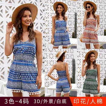 

2020 Summer New Style Suspender Pants Women's European and American Women's Jumpsuits Printed Tassel sexy Lace Beach Style