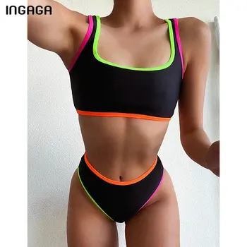 

INGAGA High Waist Bikini Set Thong Swimsuit Female High Cut Swimwear Women 2020 Solid Biquini Sports Vest Bathing Suits Bikinis