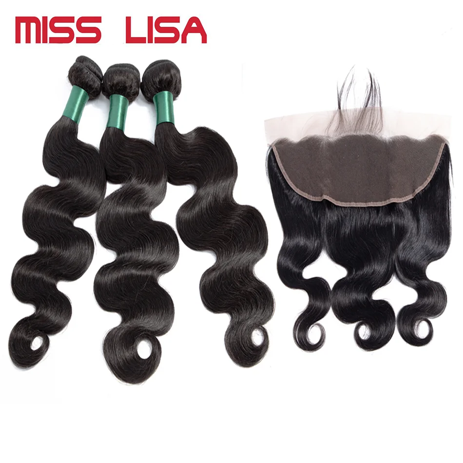 

MISS LISA Body Wave Bundles With 13*4 Lace Frontal Non-Remy Brazilian Human Hair Weave Bundles With Frontal Hair Extension