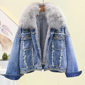 

Heavy Work Beading Burrs Fox Fur Collar Removable Soft Rabbit Fur Liner Denim Coat Winter Loose Harajuku Thick Warm Jean Jacket