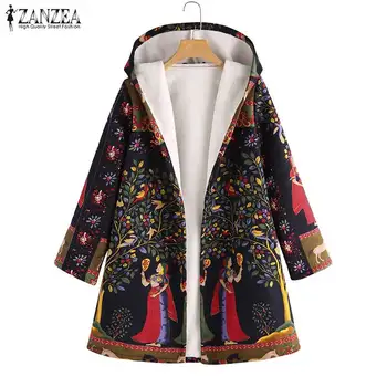 

ZANZEA Winter Warm Coat Women Hooded Long Sleeve Christmas Cardigans Floral Jackets Plus Size Open Front Outwear Autumn Overcoat