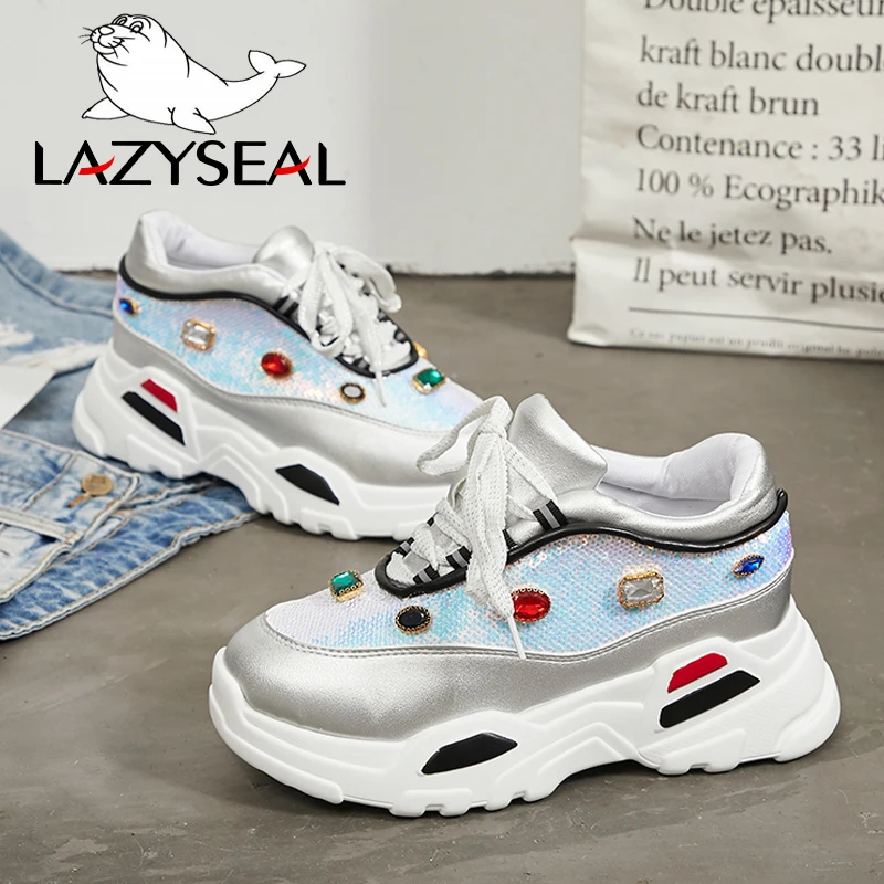 Женские ботильоны с кристаллами LazySeal на толстой подошве круглый носок блестящая