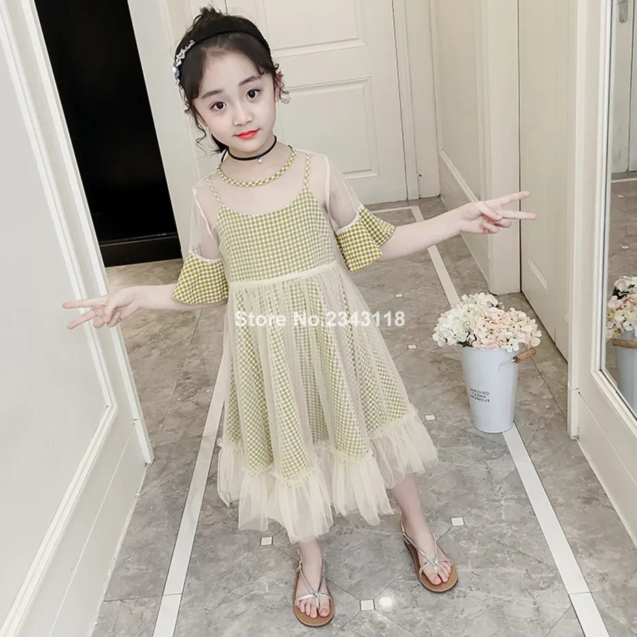 

Plaid Dress Girls 2 Pcs Girls Dress Summer Kids Dresses Mesh Kids Clothes Holiday Children's Costumes For Girls 5 7 9 12 Years