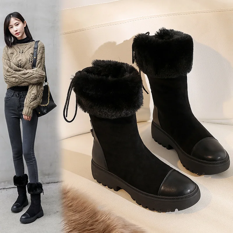

Lady Boots Round Toe Women's Rubber Shoes Rain Booties Woman 2019 Low Heel Winter Footwear Lace Up Boots-women Luxury Designer