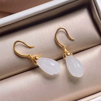 

Natural Hetian white jade exquisite jade orchid ear hook Chinese style retro small Bohemian elegant women's silver jewelry