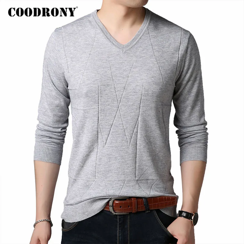 

COODRONY Brand Sweater Men Spring Autumn V-Neck Pull Homme Soft Knitwear Cotton Wool Pullover Men Pure Color Mens Sweaters C1043