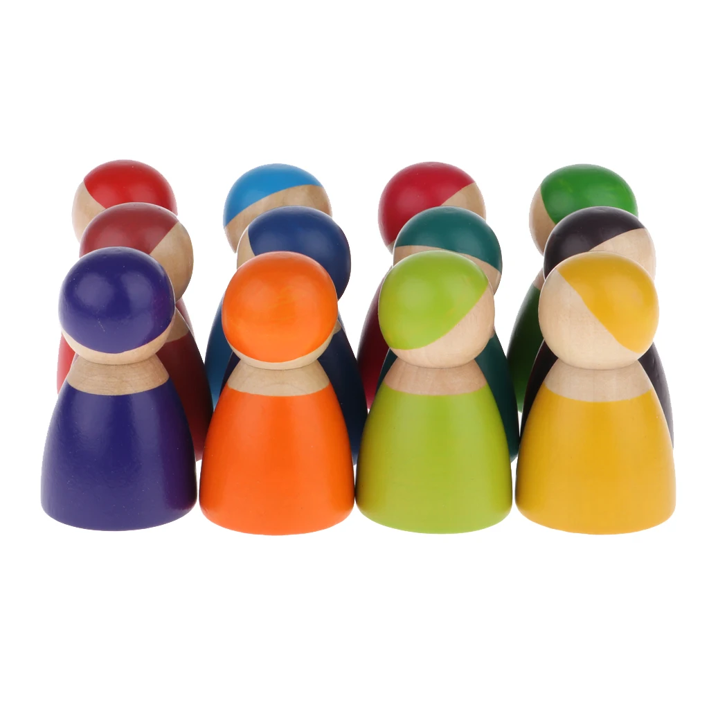 12 Pieces Rainbow Friends Peg Dolls, Little Wooden Figures People Dolls Bodies Decoration Toy Gift for Kids