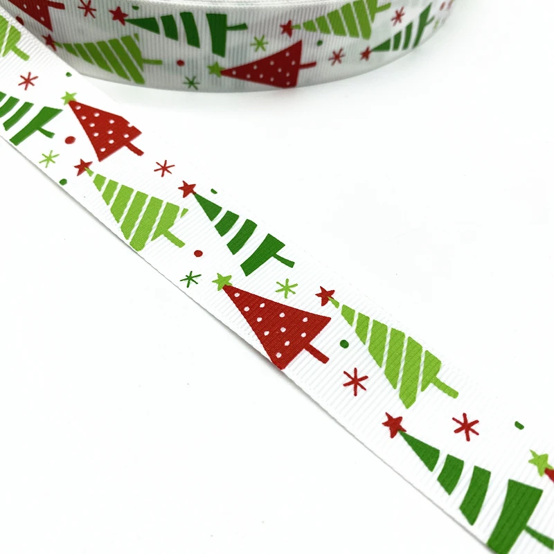 25mm Christmas Ribbon Printed Grosgrain for Gift Wrapping Wedding Decoration Hair Bows DIY, 5 yards/lot