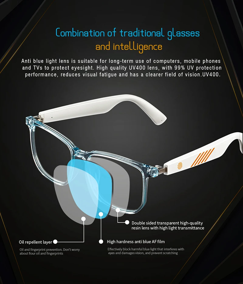 NEW Bluetooth Smart Glasses Men and Women Headphones Music Wireless Sunglasses Anti-Blue Light Suitable for Game Driving Travel