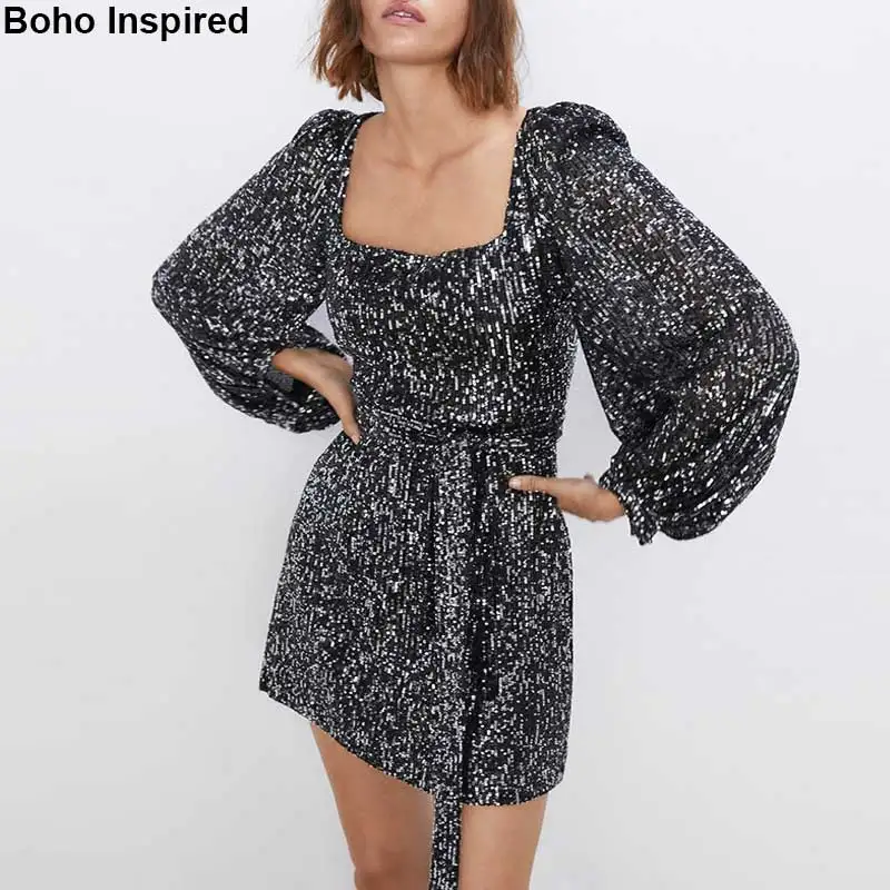

BOHO INSPIRED sequined party dress long sleeve square neck winter dress women mini chic sexy women dress 2019 new vestidos
