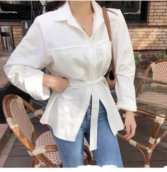 

Nomikuma 2020 Korean Cotton Women Blouse Shirt Spring Long Sleeve Double Breasted Sashes Tops Single Breasted OL Blusas 3Z209