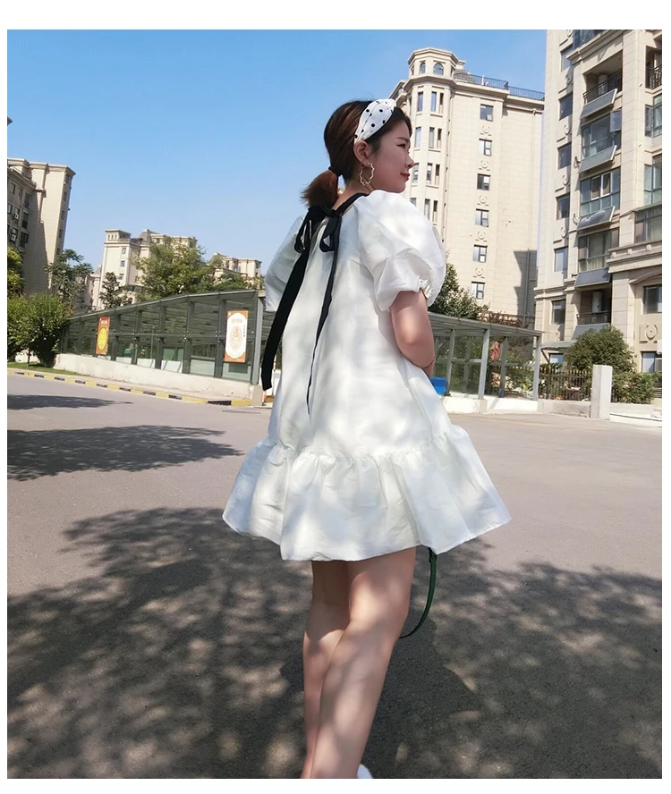 Модное белое Пышное Платье с коротким рукавом для женщин; сезон весна-лето; с оборками; в стиле пэчворк; с галстуком; свободная одежда больших размеров; WD51711