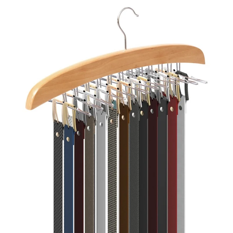Rotatable Household Wooden Scarf Tie Storage Rack Belt Storage Rack Portable Multi-function Hanger With 24pcs Hook Hangers