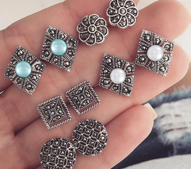 10 шт./партия, богемные ретро резные квадратные круглые геометрические серьги с опалом и кристаллами, Женские Простые очаровательные ювелирные изделия, аксессуары