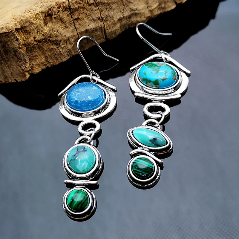 

Trendy Asymmetric Turquoises Blue Stone Long Drop Earrings Women's Vintage Tribal Hook Dangle Earrings Oorbellen Gift Z3D313