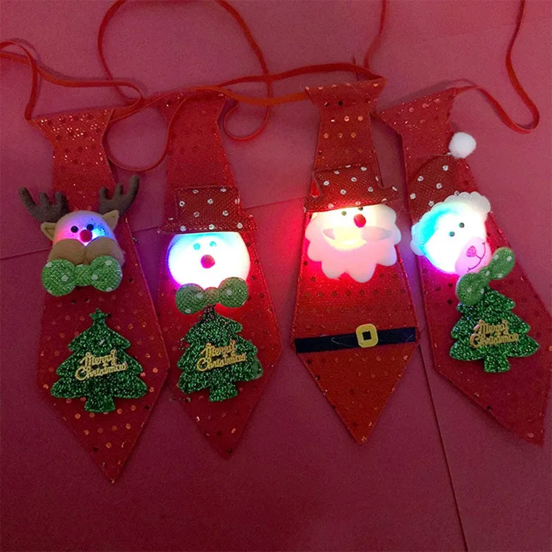 

LED Lights Christmas Tie Glow Sequins Santa Claus Bear Snowman Elk Necktie For Children Cartoon Tie Decoration New Year Gift