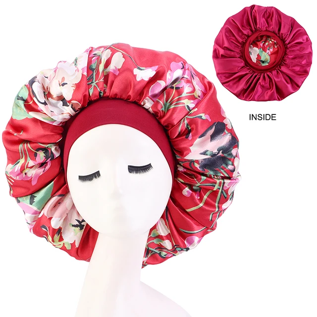 New Women Big Size Beauty print Satin Silky Bonnet Sleep Night Cap Head Cover Bonnet Hat for For Curly Springy Hair Black 408F Wine red