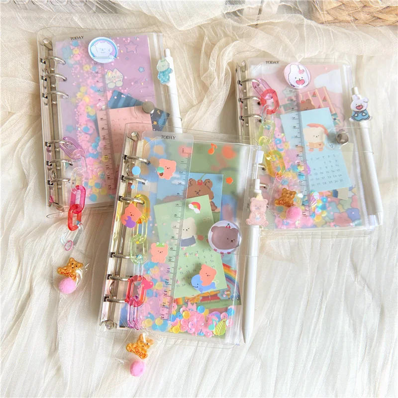 Cute Glitter Sequin Notebook Transparent 6 Ring Folder Loose-leaf Ring Binder Diary Plan Book School Kawaii Office Supplies