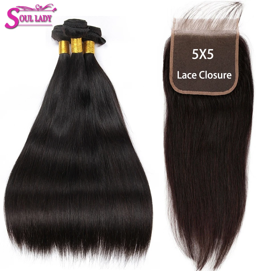 

SoulLady Remy Hair Bundles With Closure Brazilian 5x5 Transparent Lace Closure With Bundles Straight Hair 3 Bundles With Closure