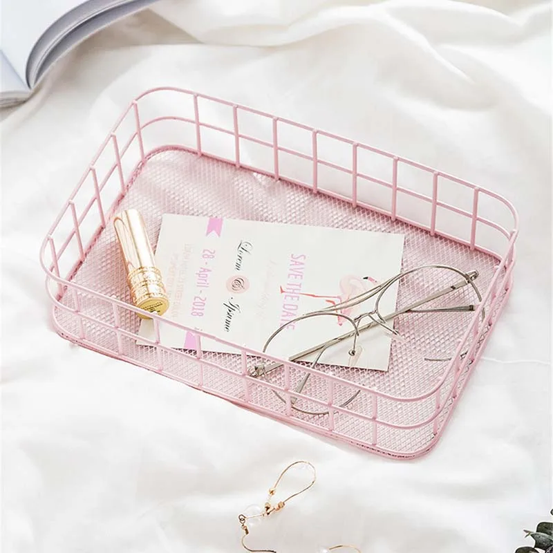 

Nordic Rectangle Metal Storage Basket Office Sundries Finishing Iron Baskets Home Dressing Table Cosmetics Jewelry Organizer
