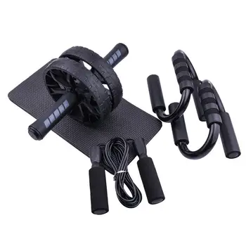 

4PC Muscle Exercise Equipment Abdominal Press Wheel Roller Home Fitness Equipment Gym Roller Trainer with Push UP Bar Jump Rope