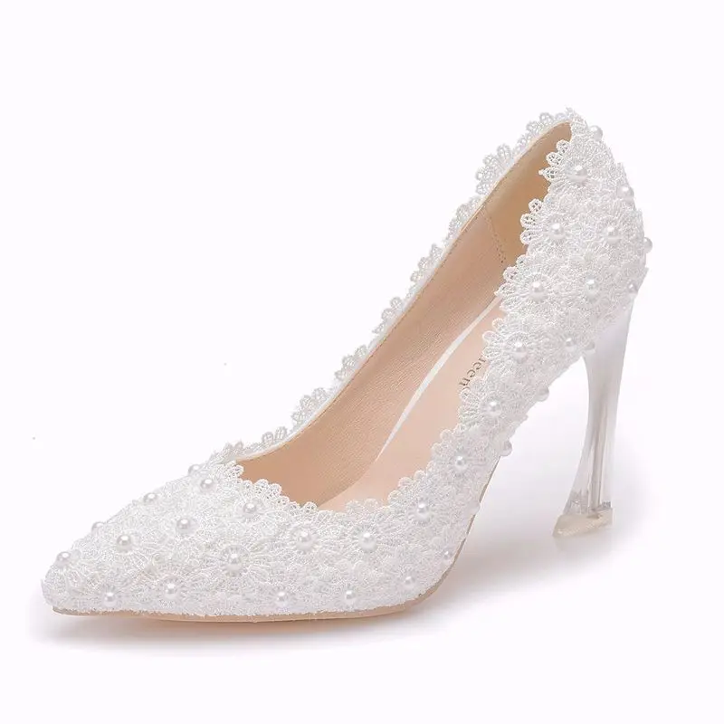 Fashion women thin high heels sexy party shoes women pumps wedding banquet Lace PU Rhinestones Slip On 9.5CM Pointed Toe white