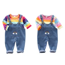0-4T Детские комплекты комбинезонов для девочек рубашки в радужную полоску с джинсами детские длинные брюки джинсовые комбинезоны на подтяжках для девочек