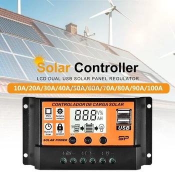 

10A/20A/30A/40A/50A/60A/70A/80A/90A/100A Auto LCD Screen Solar Charge Controller Dual USB Solar Panel Regulator 12V24V Power