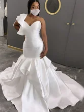  MaryLeeBridal African One Shoulder Mermaid Wedding Dress With Ruffles Strap White Satin Long Sweep Train Bridal Dresses Gown 