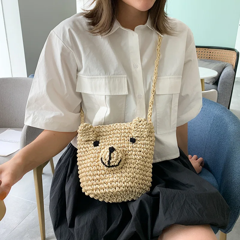 

Korean version of summer cute cartoon puppy weaving bag fashion oblique across the beach bag seaside leisure bag