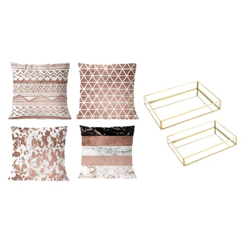 

4 Pcs Geometric Striped Flower Throw Pillow Case Cushion Cover & 2Pcs Storage Tray Rectangle Glass Makeup Organizer Tray