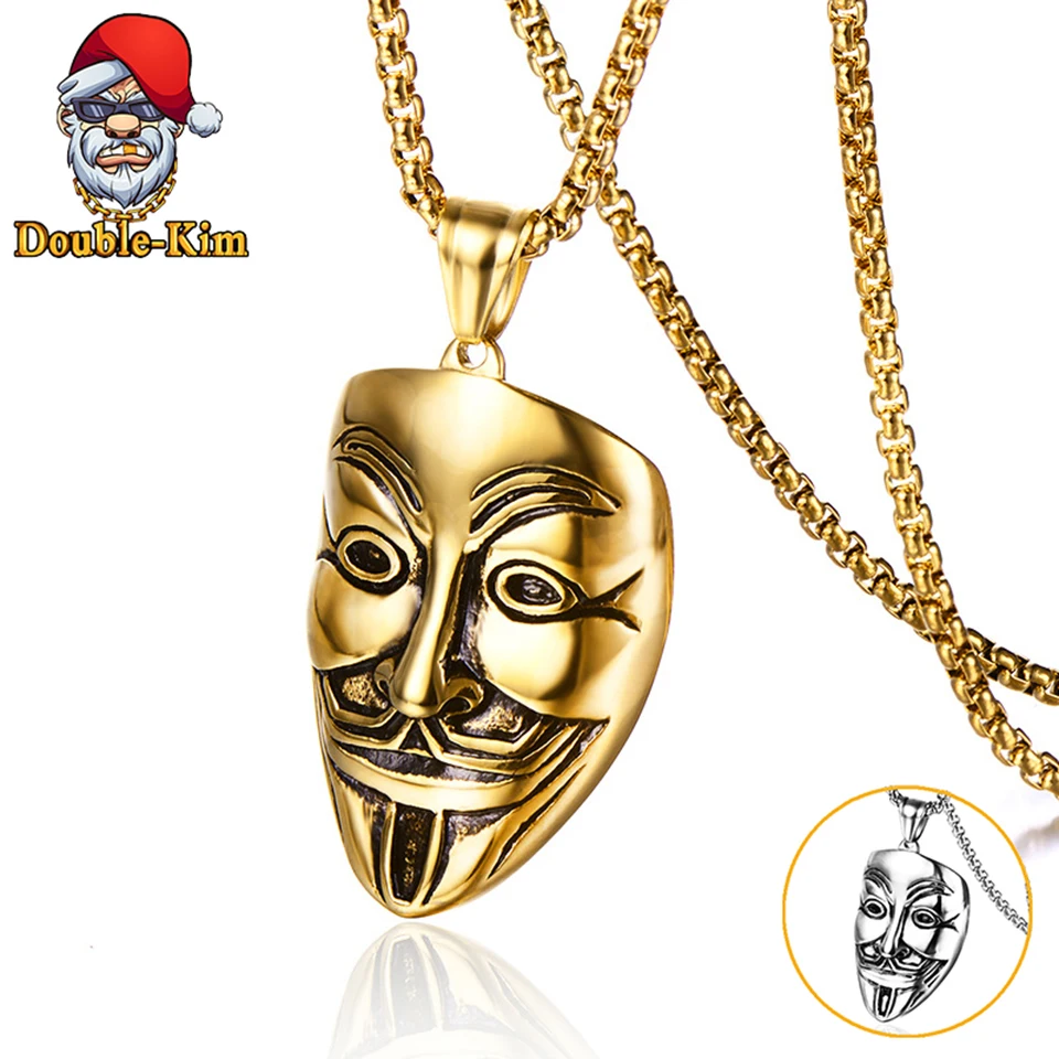 

Hip-hop Mask Pendant Necklace Men Hip-Hop Rock Street Culture Titanium Stainless Steel Gold Chain Necklace Fashion Man Jewelry