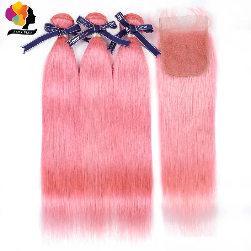

Brazilian Hair Weave Bundles Straight Human Hair Bundles With 4*4 Closure Pink Pre Colored Remyblue Remy Hair With Baby Hair