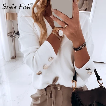 

Buttons Long Sleeve V-Neck White Shirts Korean Fashion Women Blouses Casual Plus Size 2020 Fall Spring Femme Pullover Tops G1128