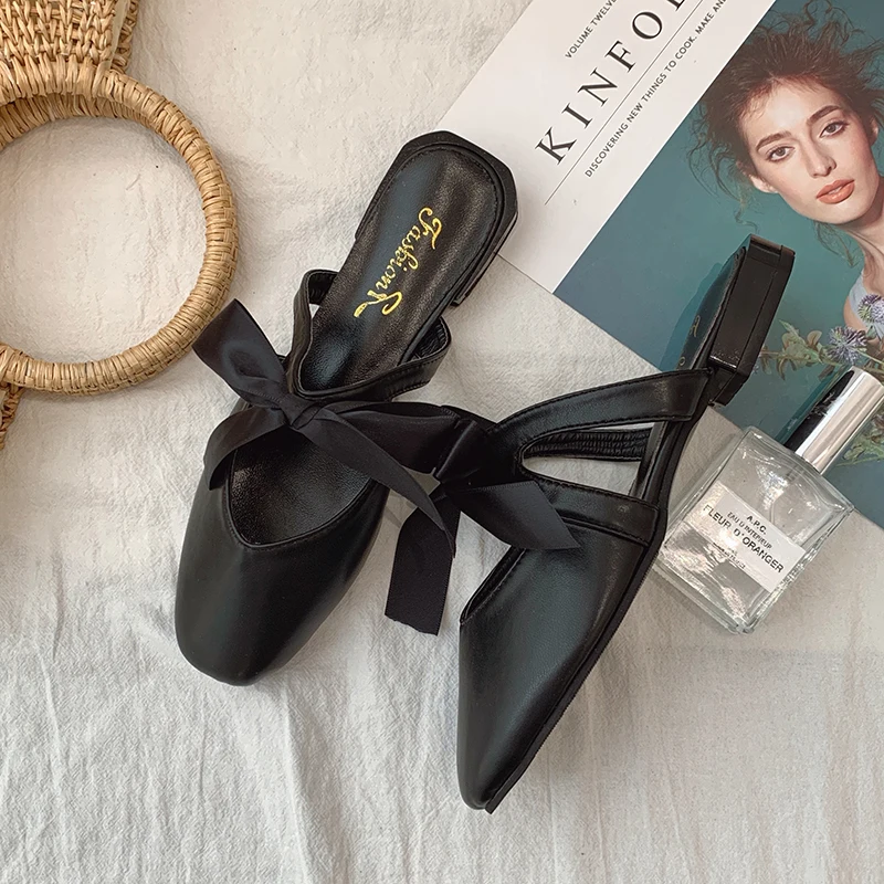 Mazefeng Party Women Mules Slipper Pointed Toe Block Strap Closed Shallow High Heels Shoes Sandals Black Beige Square Heel Pumps