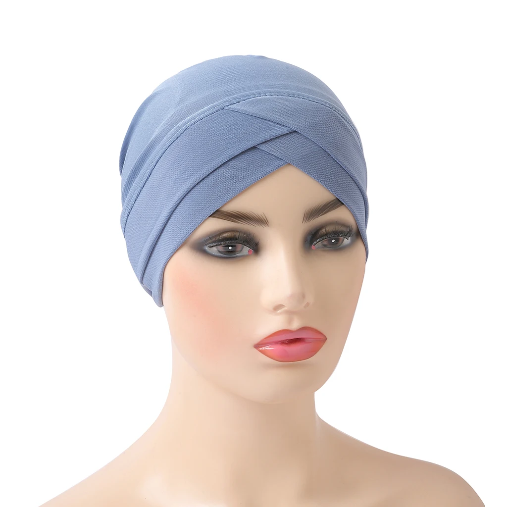 H117 Forehead Criss Cross Muslim Turban Pure Color Stretch Inner Hijabs