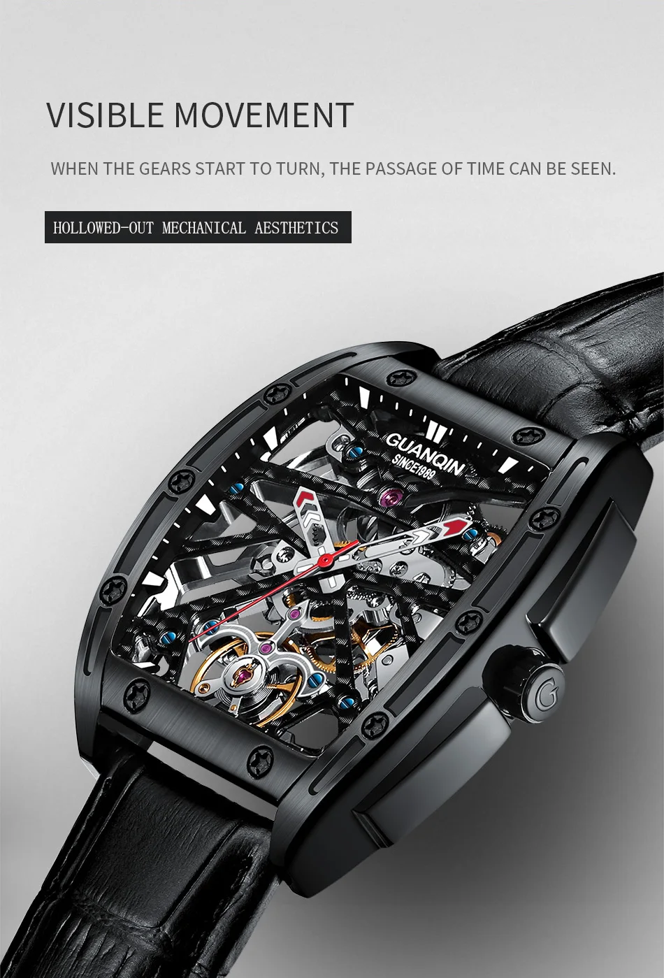 Men Mechanical Wristwatches GUANQIN GJ16147 Luminous Sapphire Men's Watch Waterproof Green Blue Leather Strap Watches for Men (9)