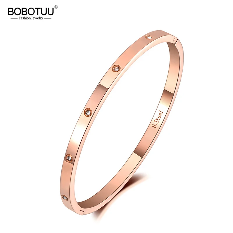 BOBOTUU CZ Crystal 4mm Cuff Bangle For Women Girls Cubic Zirconia Love Titanium Stainless Steel Bracelet Jewelry BB19063 bangle bracelet crystal bracelets zircon bracelet zirconia bangle stainless steel bracelet