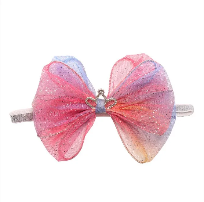 20 pcs/lot, 13.5 cm Rainbow bow hair band New children's hair accessories mesh sequined crown hairpins