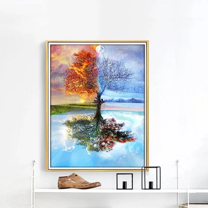 

Four Seasons Tree Reflection Diamond Painting Handmade Cross-stitch Wall Paintings Home Decoration