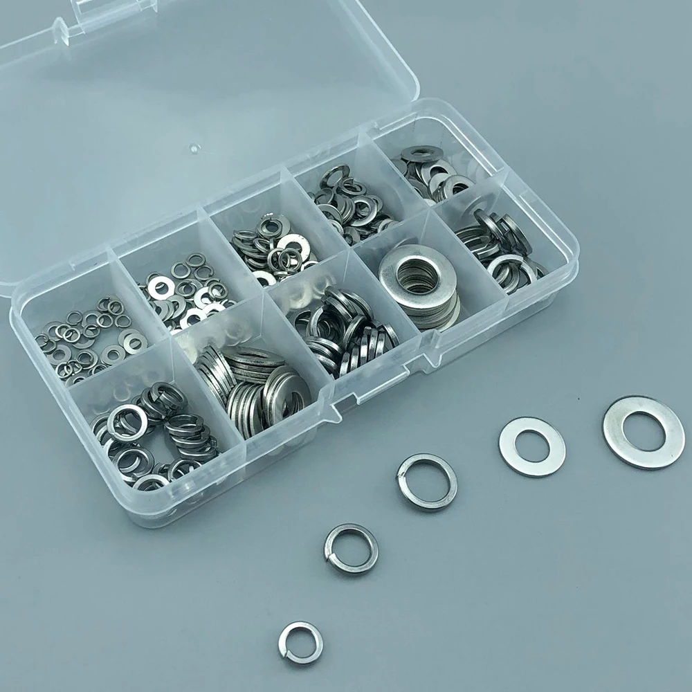 

260Pcs/Box Stainless Steel Flat Washers Spring Washer M2.5 M3 M4 M5 M6 M8 M10 Lock Washer Assortment Kit Hardware Part