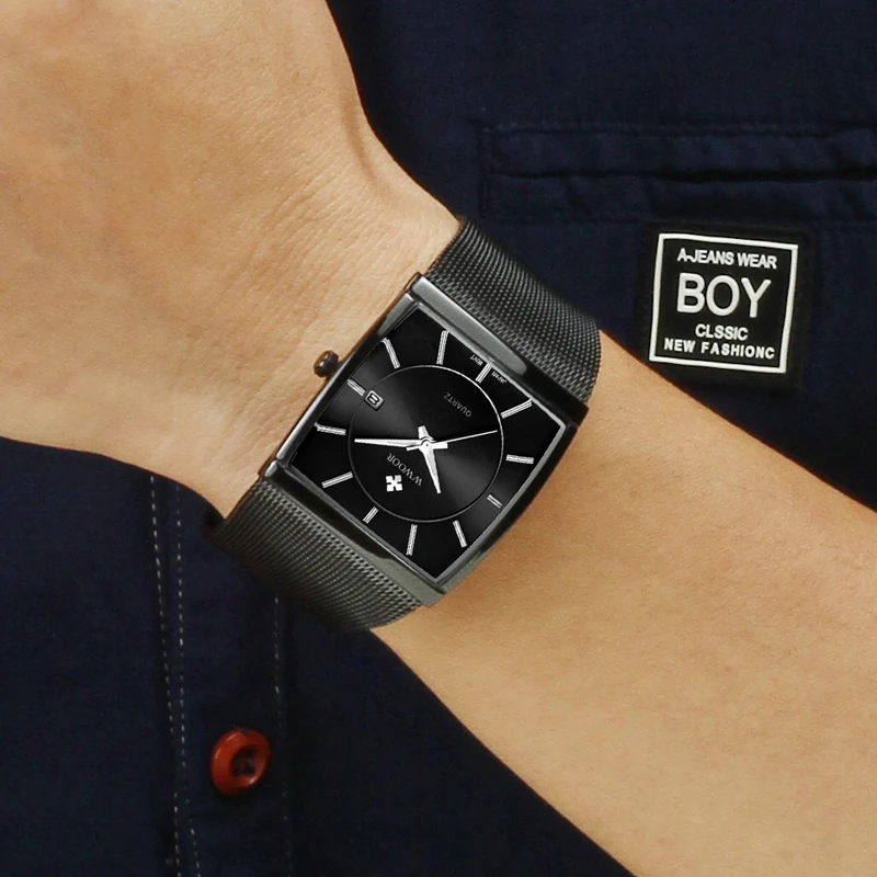 Полностью черные мужские часы люксовый бренд квадратный циферблат деловые мужские наручные часы спортивные водонепроницаемые Relogio Masculino