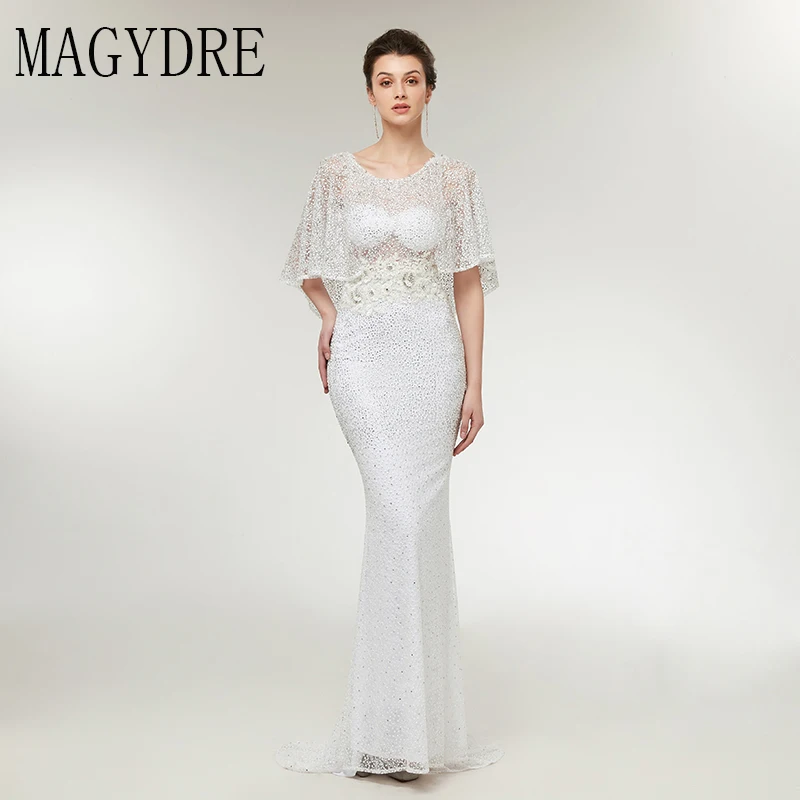Элегантный Русалка вечернее платье с шалью Половина рукава robe de soiree Длина пола Тюль длинное платье