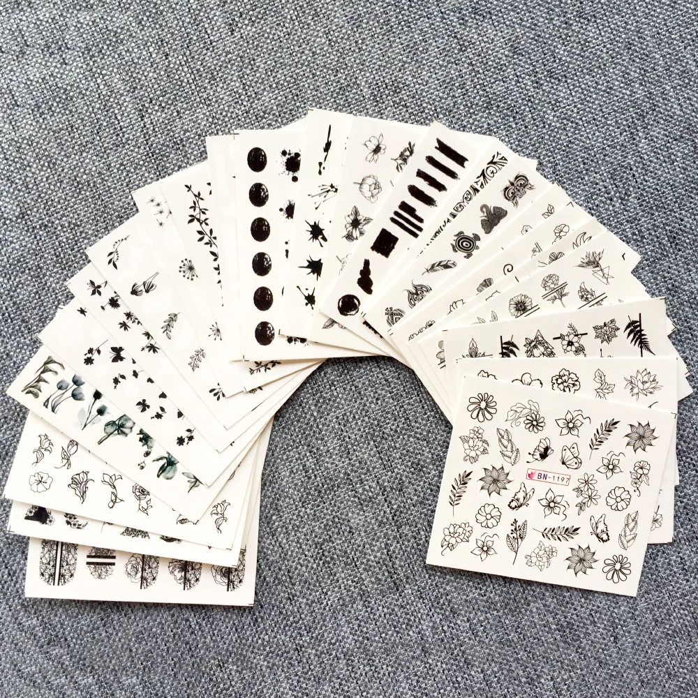 

24pcs Black white Flower Leaf Mixed Water Nail Decal Butterfly Lace Summer Slider for Manicure Nail Art Watermark Decoration Tip